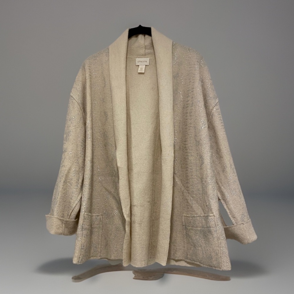 Chico’s 100% Wool Cardigan Jacket Beige Metallic Shimmer Open Front Size 1 - Picture 2 of 10